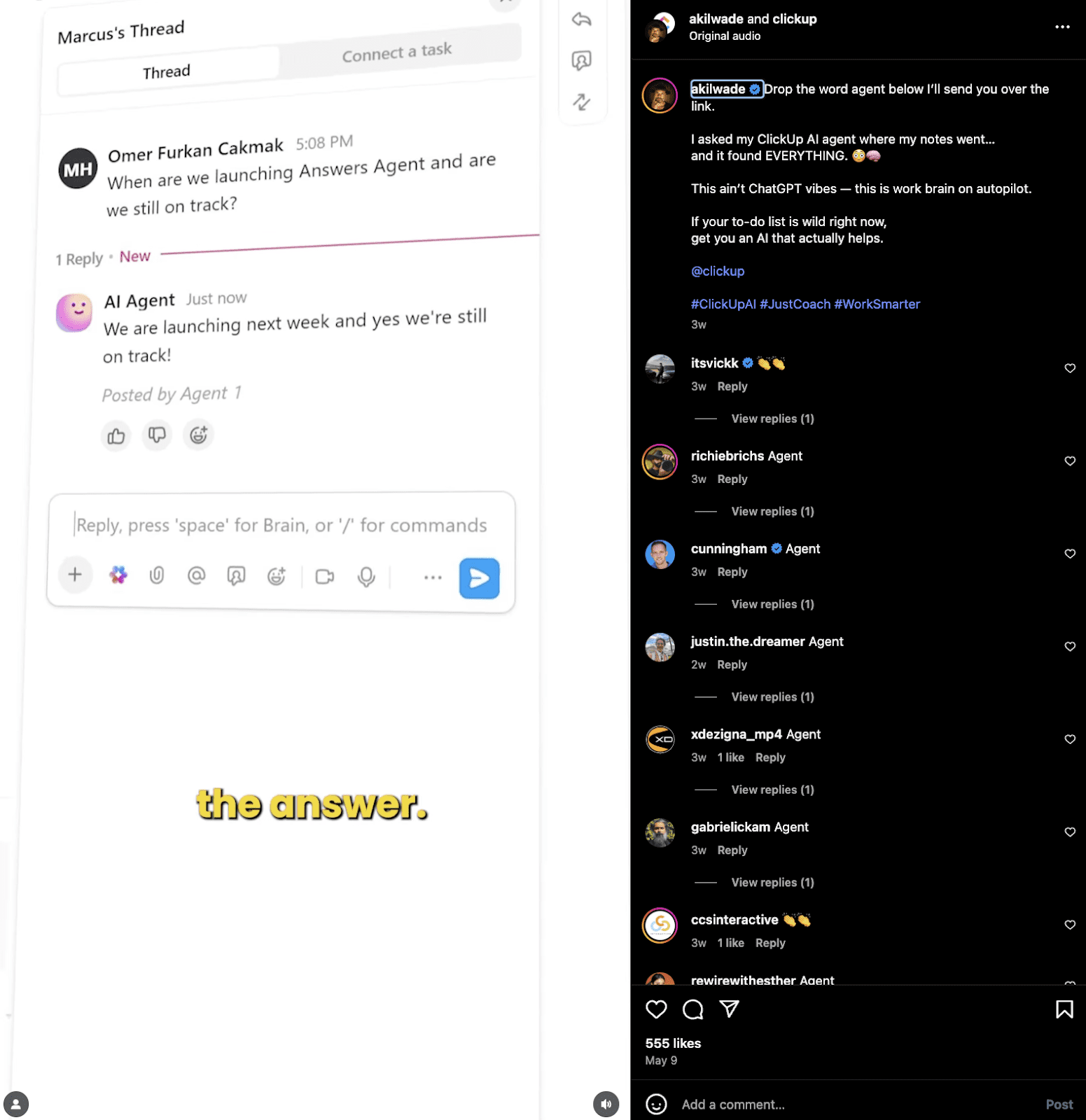 Screenshot showing a promotional Instagram video by ClickUp