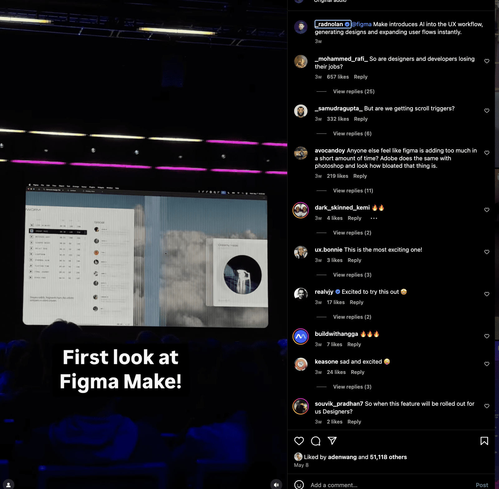 Screenshot showing a livestream on Instagram by Figma
