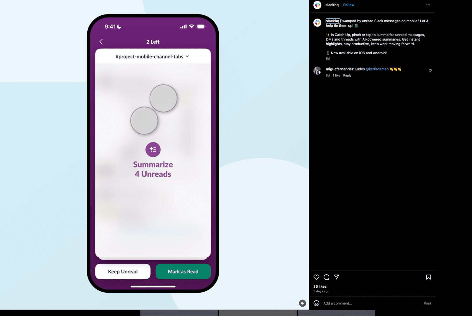 Screenshot showing a Slack product demo video on Instagram